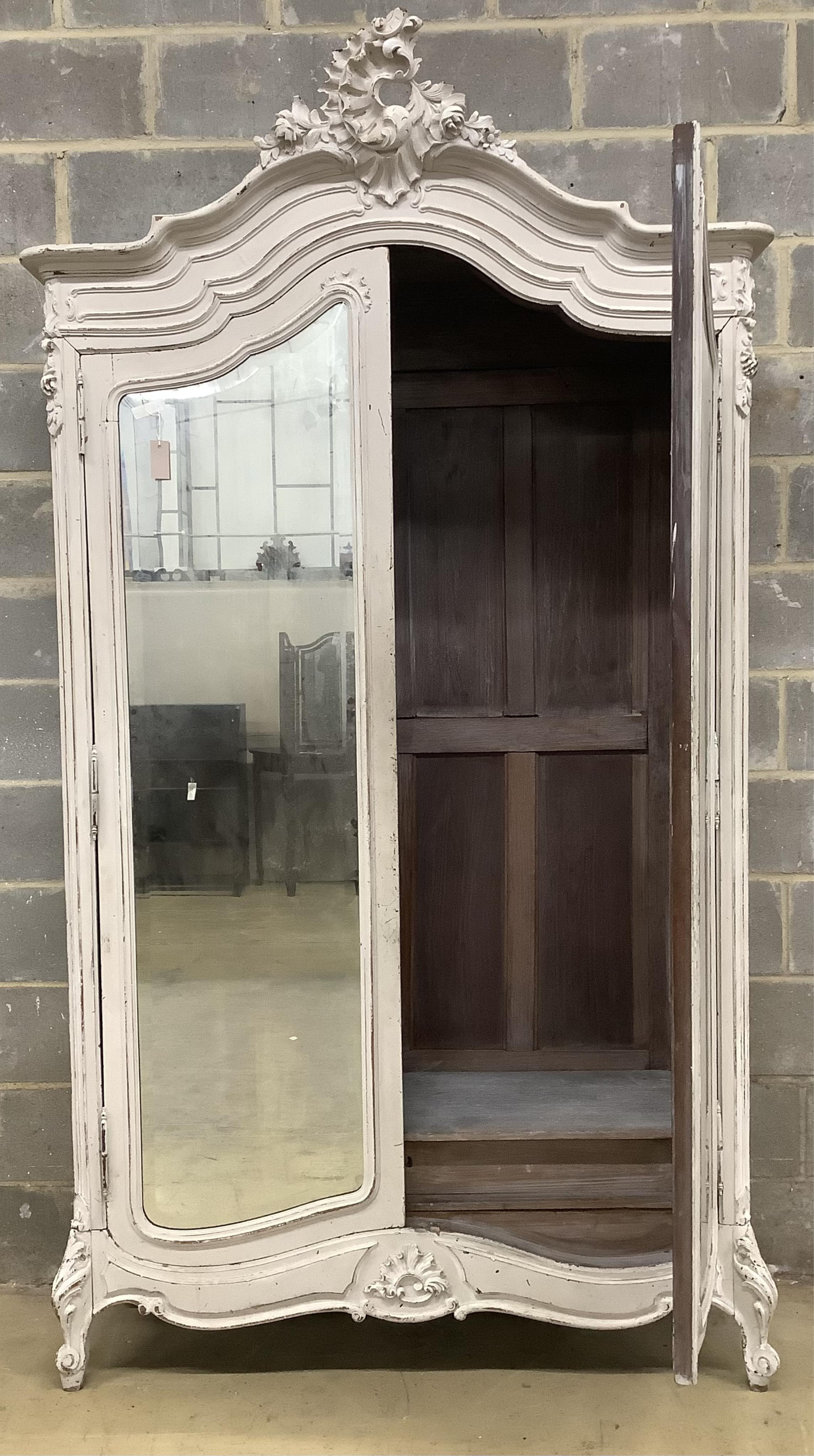 An early 20th century French painted mirrored armoire, width 140cm, depth 54cm, height 255cm. Condition - fair